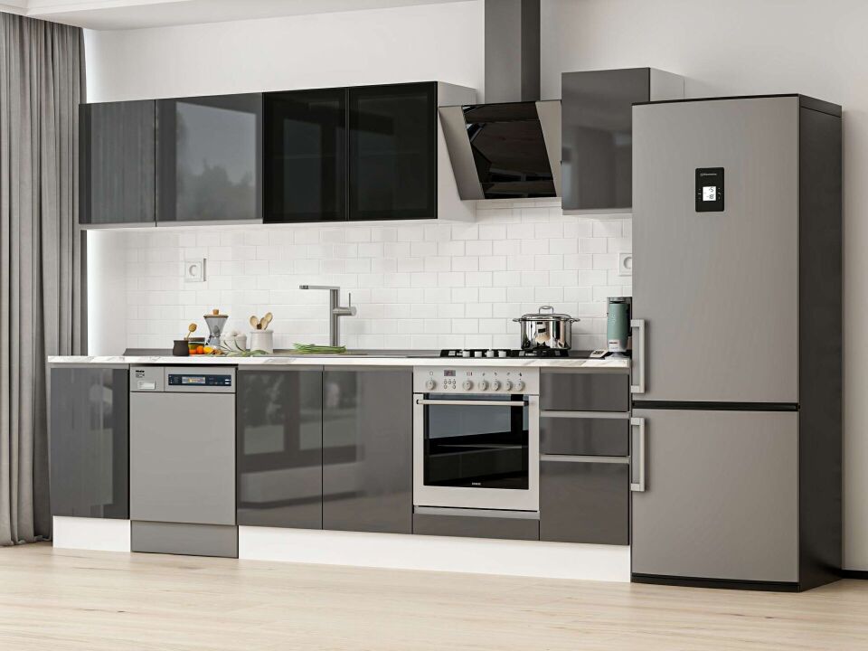 Alvinka 295X210 Cm High Gloss Mutfak Dolabı M-E90S45S40-3 High Gloss | Antrasit - Suntalam