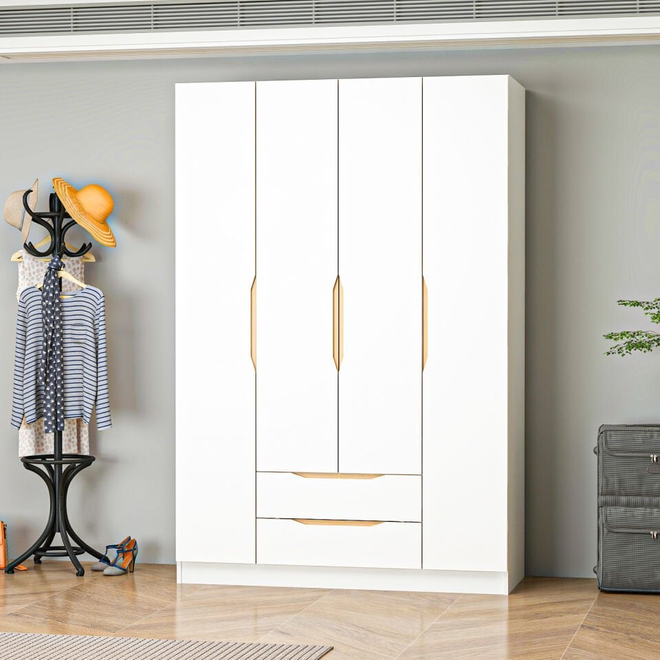 Alin 4 Kapaklı 2 Çekmeceli Gardırop - Elbise Dolabı - J Soft Kulp - Beyaz