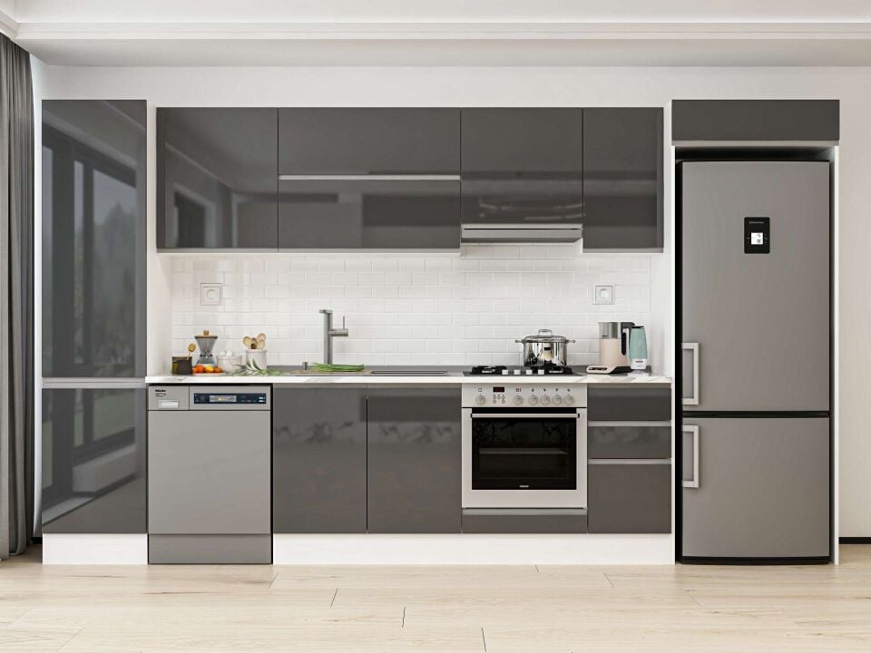 Alvinka 380X222 Cm High Gloss Mutfak Dolabı Mbb-E90B50S40-1 High Gloss | Antrasit - Mdf