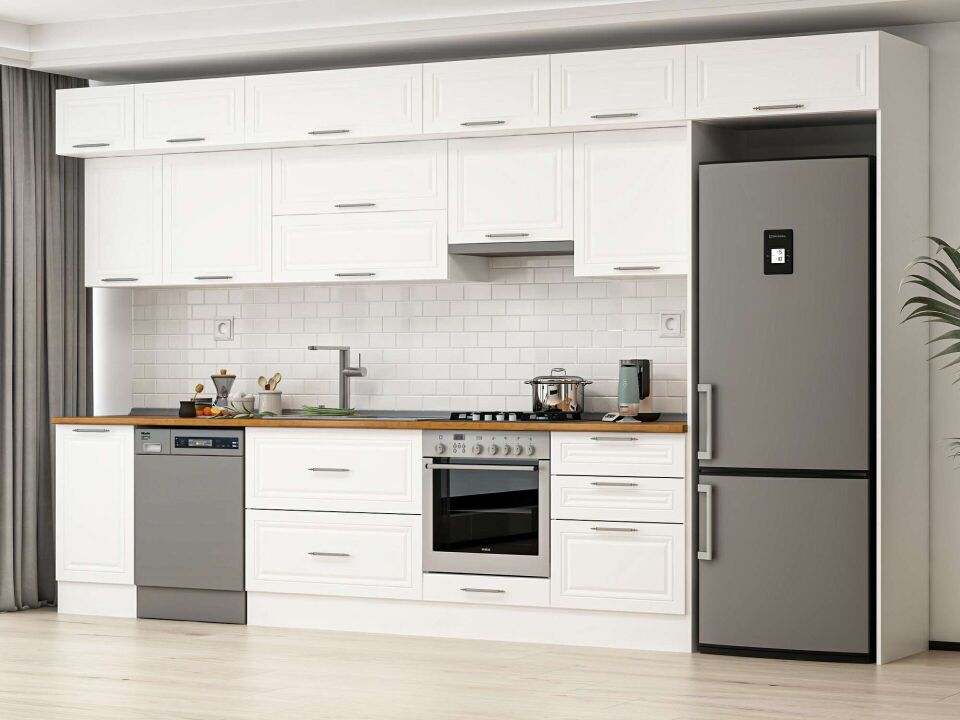 Alvinka 395X240 Cm Klasik Mebran Mutfak Dolabı Beyaz Beyaz Mb-E90S45S60-1