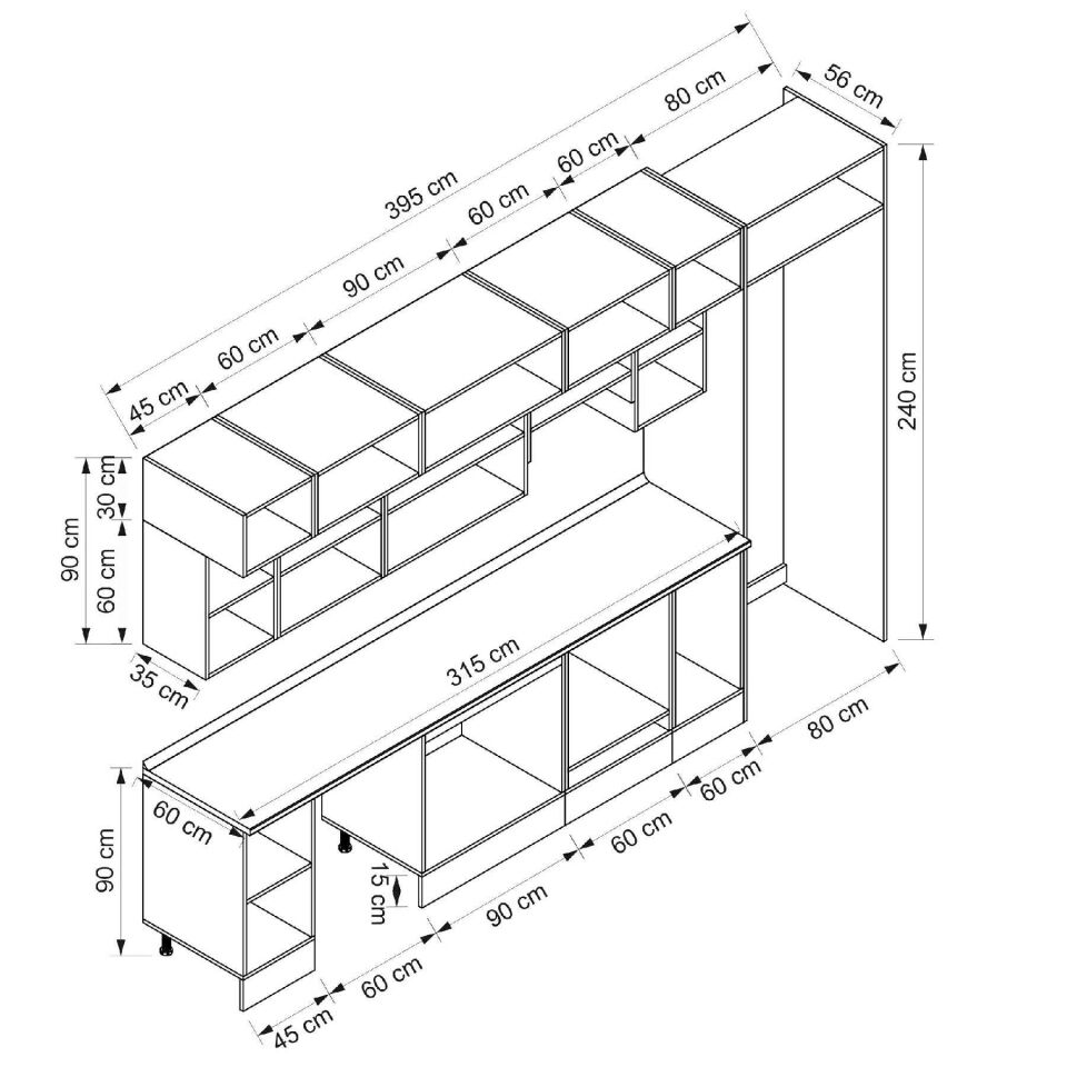 Alvinka 395X240 Cm Klasik Mebran Mutfak Dolabı Beyaz Beyaz Mb-E90S45S60-1