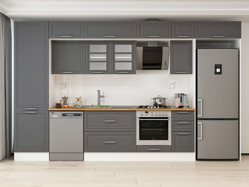Alvinka 390X240 Cm Klasik Mebran Mutfak Dolabı Mbb-E90B60S40-3 Mebran | Antrasit - Mdf