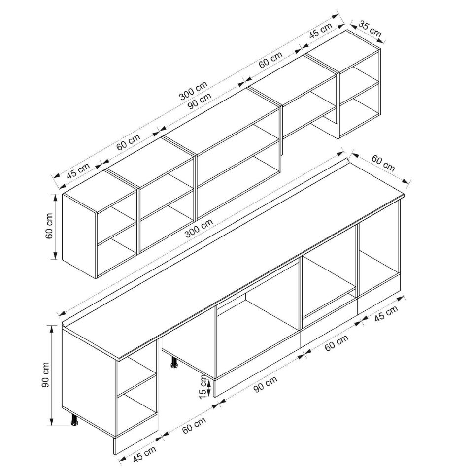 Alvinka 300X210 Cm High Gloss Mutfak Dolabı M-E90S45S45-1 High Gloss | Antrasit - Suntalam