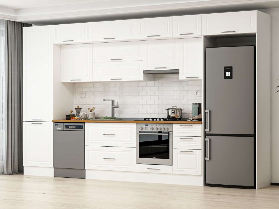 Alvinka 395X240 Cm Klasik Mebran Mutfak Dolabı Mbb-E90B60S45-1 Mebran | Beyaz - Suntalam
