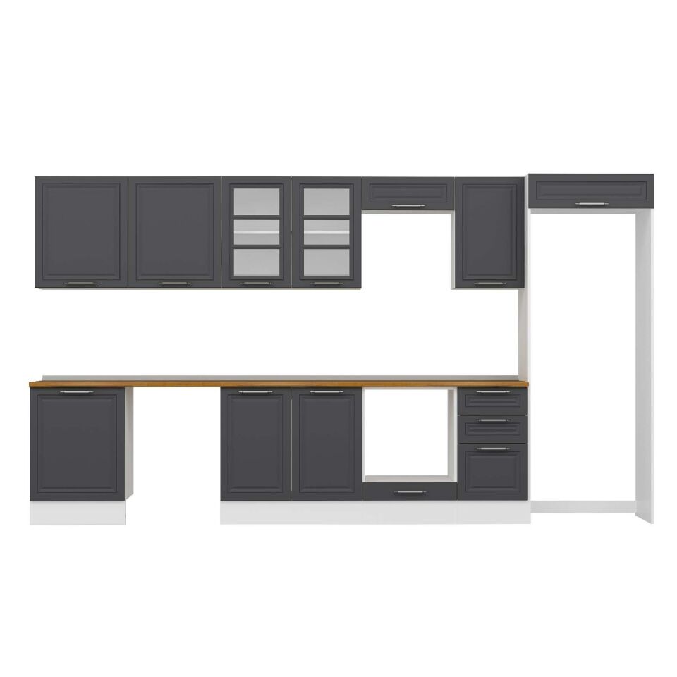 Alvinka 385X222 Cm Klasik Mebran Mutfak Dolabı Mb-E80S60S45-3 Mebran | Antrasit - Mdf