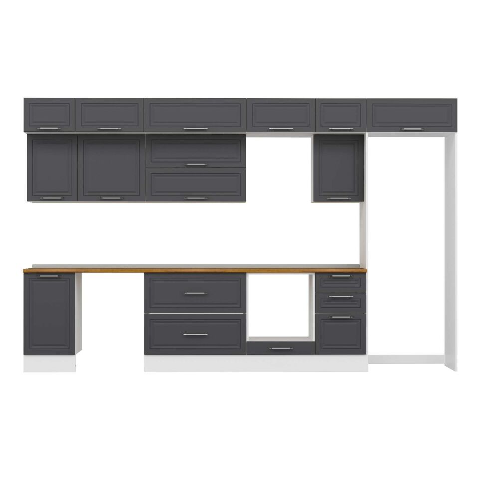 Alvinka 370X240 Cm Klasik Mebran Mutfak Dolabı Mb-E80S45S45-2 Mebran | Antrasit - Mdf