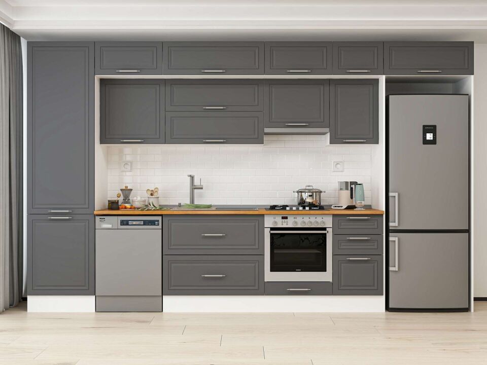 Alvinka 395X240 Cm Klasik Mebran Mutfak Dolabı Mbb-E90B60S45-1 Mebran | Antrasit - Mdf
