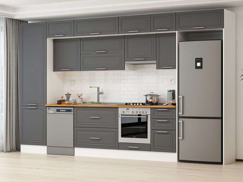 Alvinka 395X240 Cm Klasik Mebran Mutfak Dolabı Mbb-E90B60S45-1 Mebran | Antrasit - Mdf