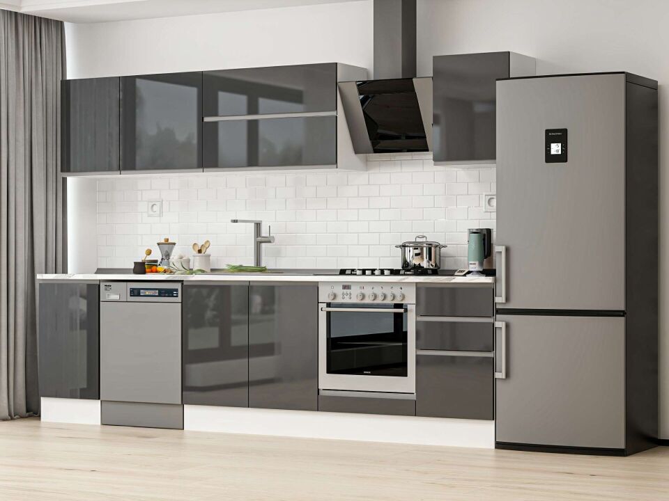 Alvinka 300X210 Cm High Gloss Mutfak Dolabı M-E90S45S45-2 High Gloss | Antrasit - Mdf