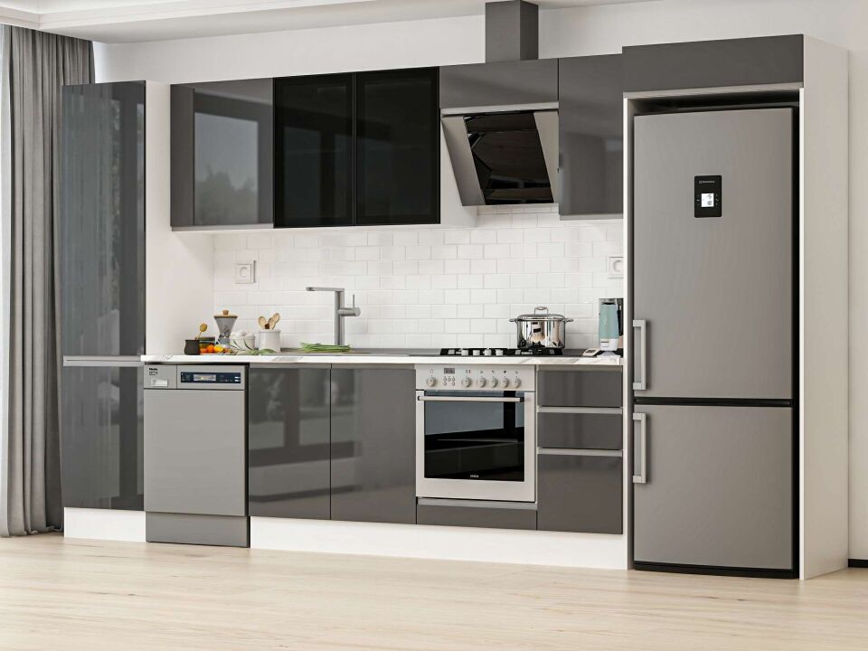 Alvinka 380X222 Cm High Gloss Mutfak Dolabı Mbb-E90B50S40-3 High Gloss | Antrasit - Mdf