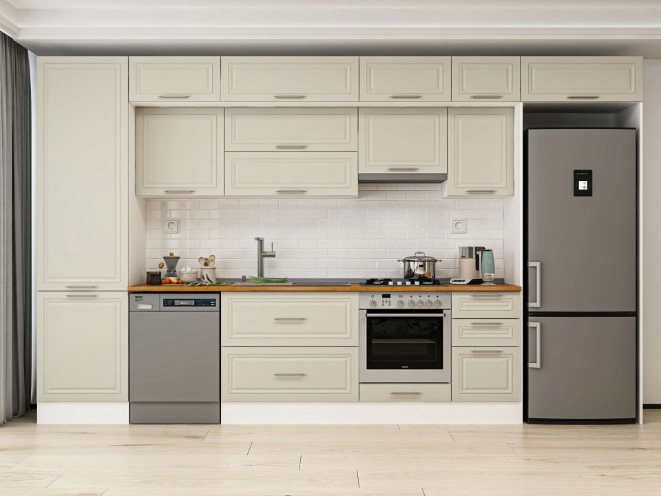 Alvinka 395X240 Cm Klasik Mebran Mutfak Dolabı Mbb-E90B60S45-1 Mebran | Kumtaşı - Mdf