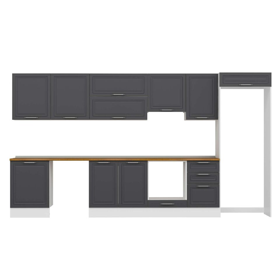 Alvinka 390X222 Cm Klasik Mebran Mutfak Dolabı Mb-E80S60S50-1 Mebran | Antrasit - Mdf