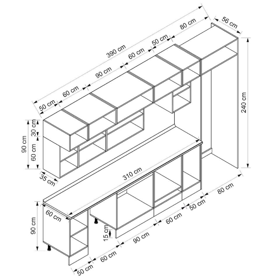 Alvinka 390X240 Cm Klasik Mebran Mutfak Dolabı Beyaz Beyaz Mb-E90S50S50-2