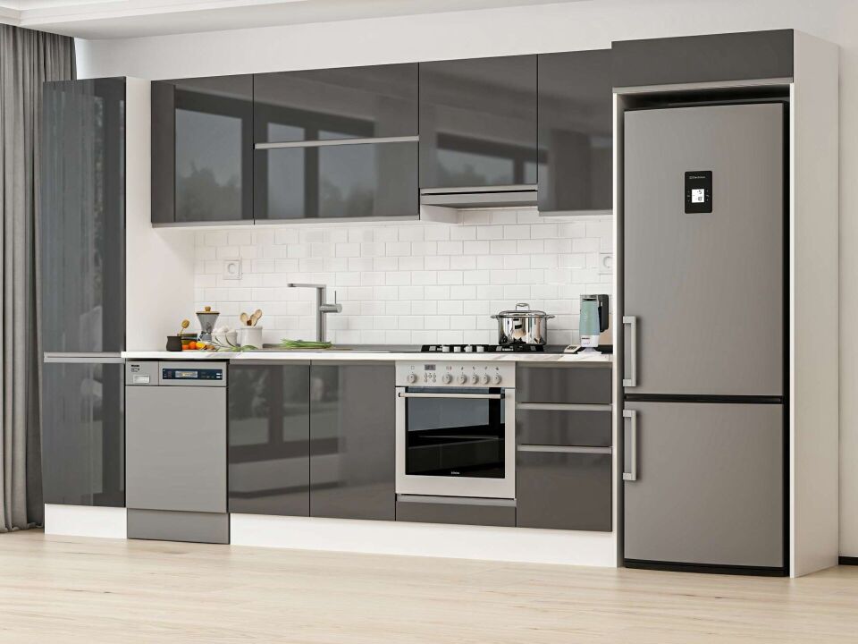 Alvinka 385X222 Cm High Gloss Mutfak Dolabı Mbb-E90B50S45-1 High Gloss | Antrasit - Suntalam