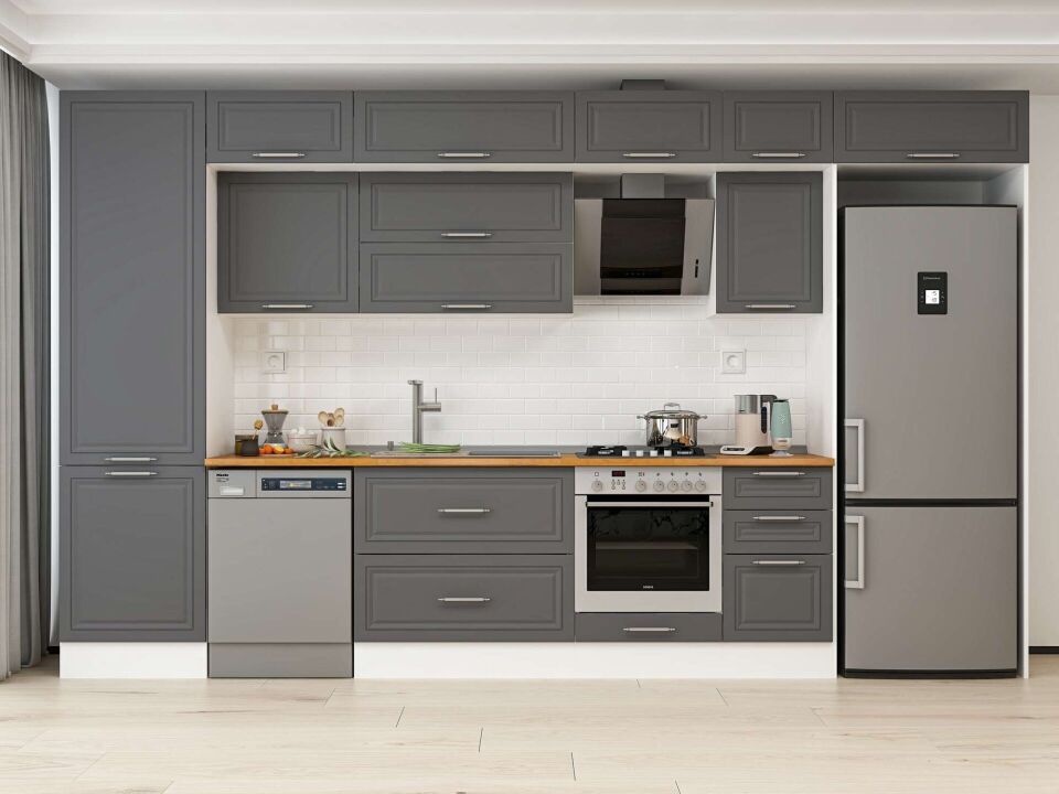 Alvinka 395X240 Cm Klasik Mebran Mutfak Dolabı Mbb-E90B60S45-2 Mebran | Antrasit - Mdf