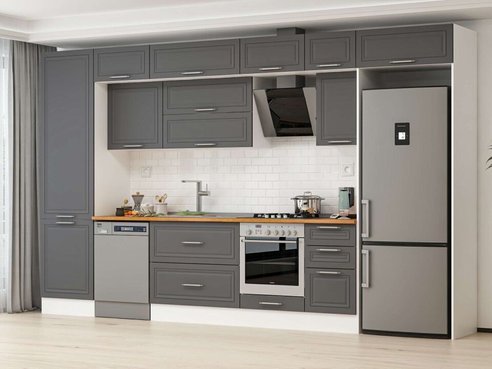 Alvinka 395X240 Cm Klasik Mebran Mutfak Dolabı Mbb-E90B60S45-2 Mebran | Antrasit - Mdf