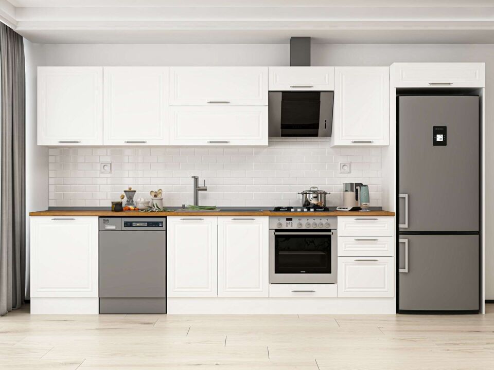 Alvinka 390X222 Cm Klasik Mebran Mutfak Dolabı Mb-E80S60S50-2 Mebran | Beyaz - Mdf