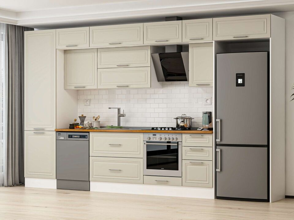 Alvinka 395X240 Cm Klasik Mebran Mutfak Dolabı Mbb-E90B60S45-2 Mebran | Kumtaşı - Mdf