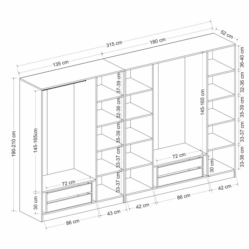 Minar Kale 7 Kapaklı 3 Aynalı 4 Çekmeceli Dolap Antrasit Dore