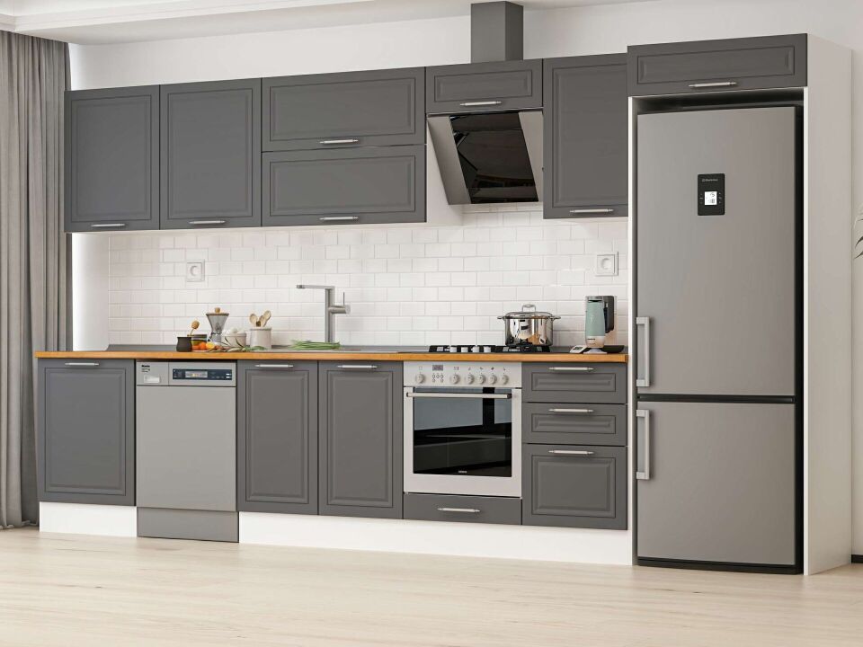 Alvinka 390X222 Cm Klasik Mebran Mutfak Dolabı Mb-E80S60S50-2 Mebran | Antrasit - Mdf