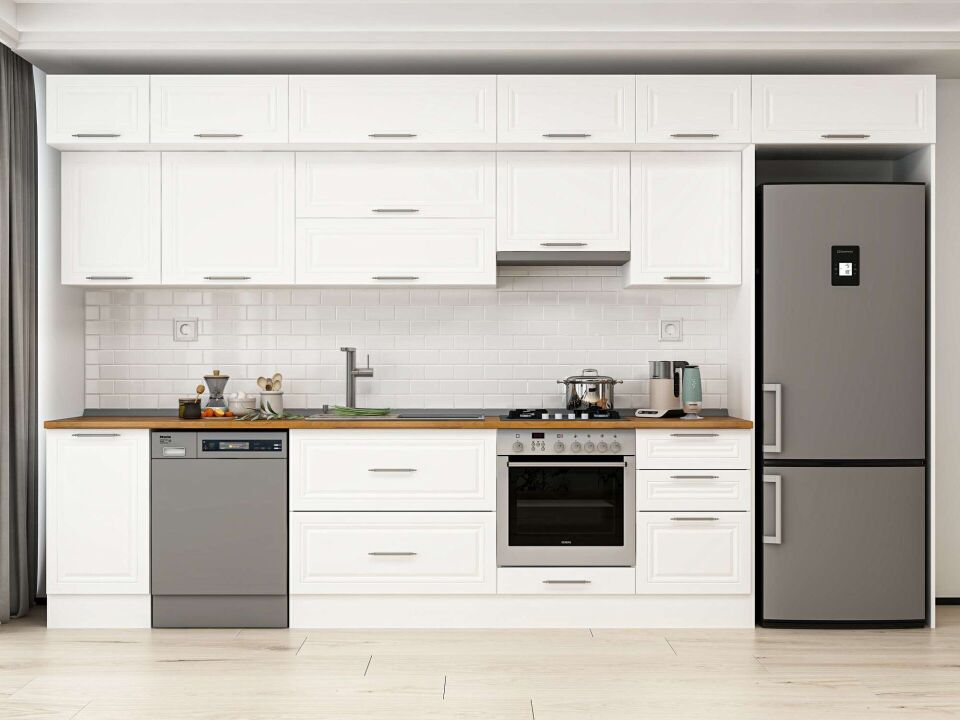 Alvinka 375X240 Cm Klasik Mebran Mutfak Dolabı Mb-E80S45S50-1 Mebran | Beyaz - Mdf