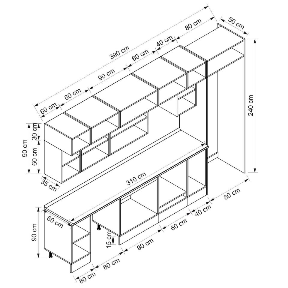 Alvinka 390X240 Cm Klasik Mebran Mutfak Dolabı Beyaz Beyaz Mb-E90S60S40-2