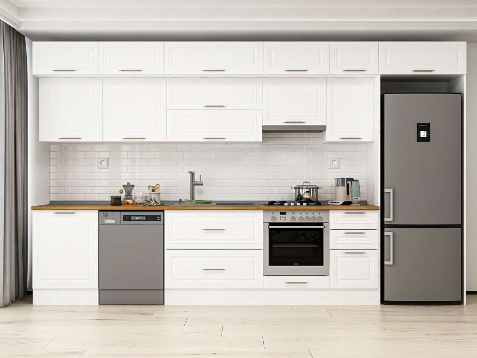 Alvinka 395X240 Cm Klasik Mebran Mutfak Dolabı Beyaz Beyaz Mb-E90S60S45-1