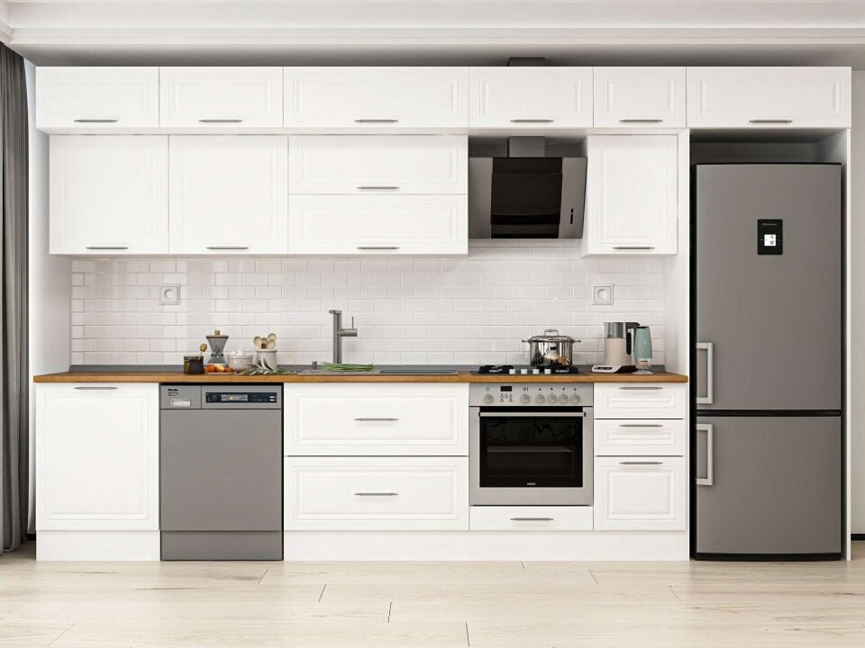Alvinka 395X240 Cm Klasik Mebran Mutfak Dolabı Beyaz Beyaz Mb-E90S60S45-2