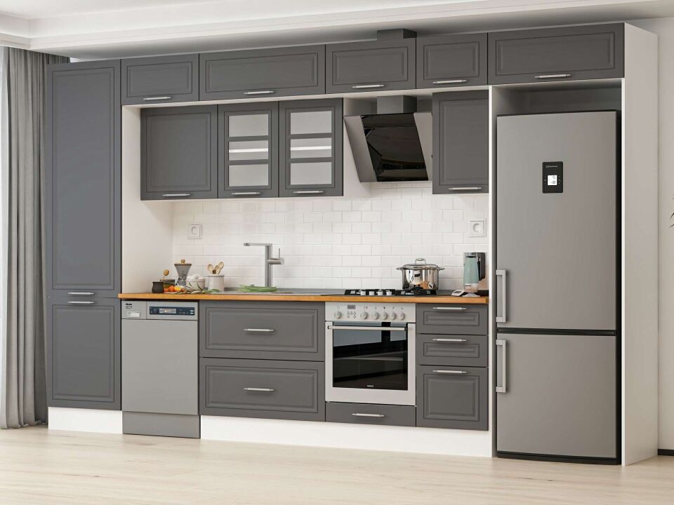 Alvinka 395X240 Cm Klasik Mebran Mutfak Dolabı Mbb-E90B60S45-3 Mebran | Antrasit - Mdf