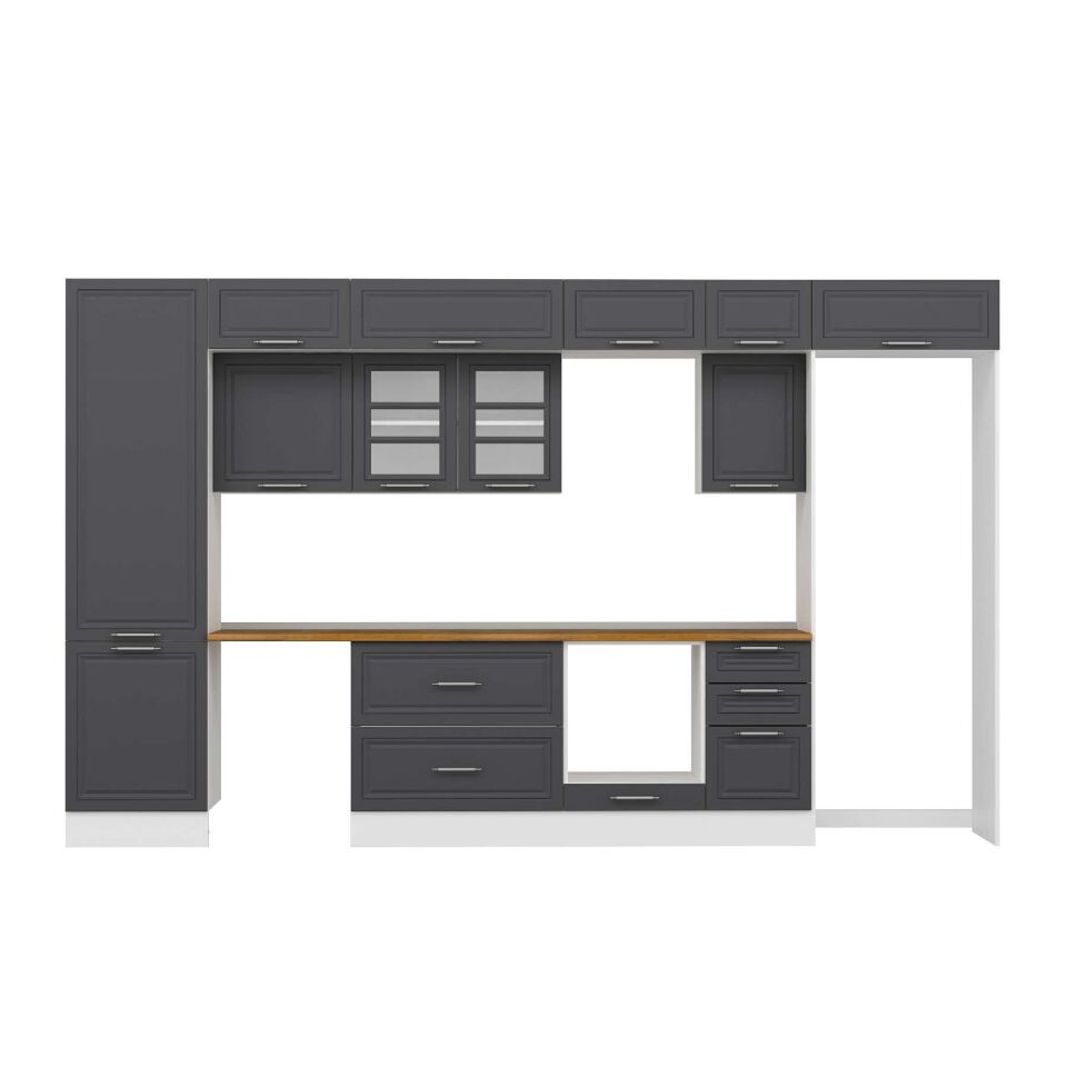 Alvinka 395X240 Cm Klasik Mebran Mutfak Dolabı Mbb-E90B60S45-3 Mebran | Antrasit - Mdf