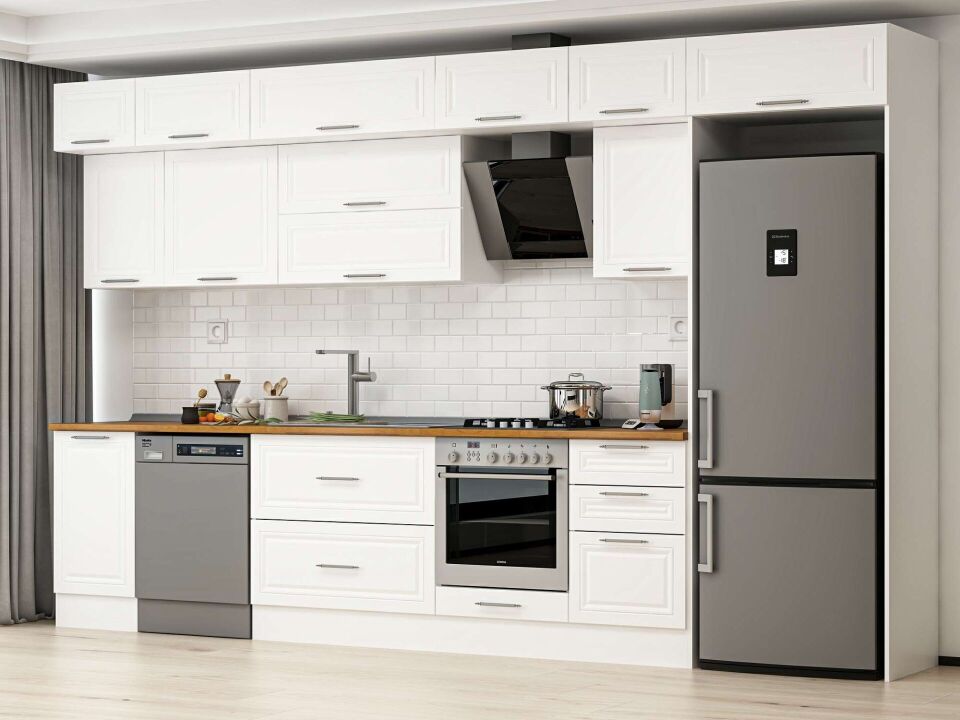 Alvinka 375X240 Cm Klasik Mebran Mutfak Dolabı Mb-E80S45S50-2 Mebran | Beyaz - Mdf