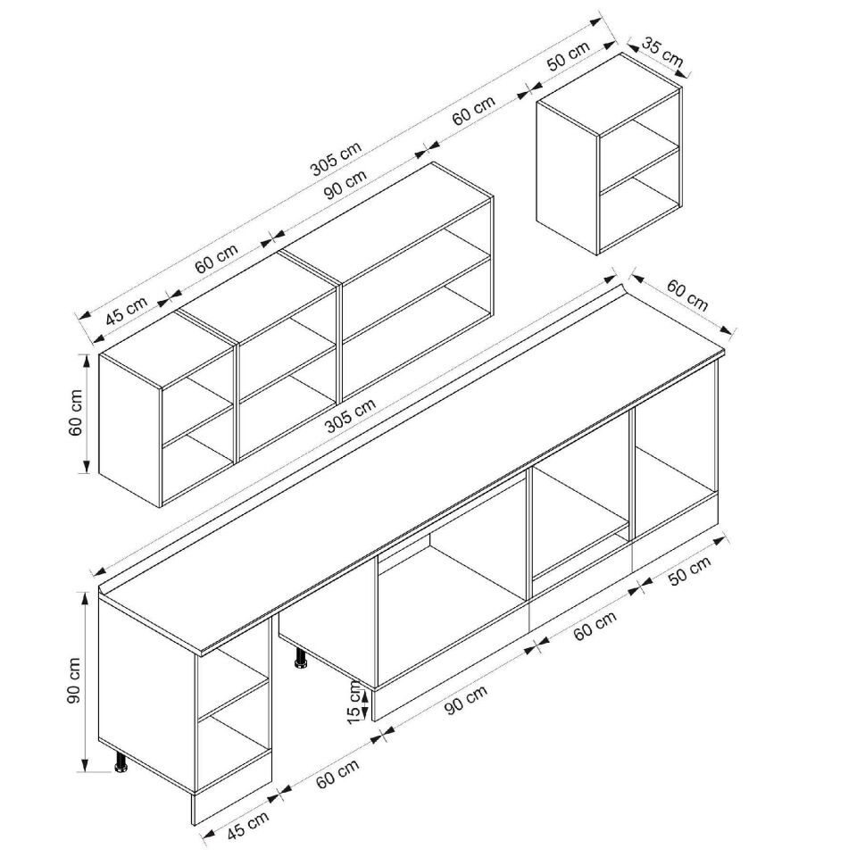 Alvinka 305X210 Cm High Gloss Mutfak Dolabı M-E90S45S50-3 High Gloss | Antrasit - Mdf