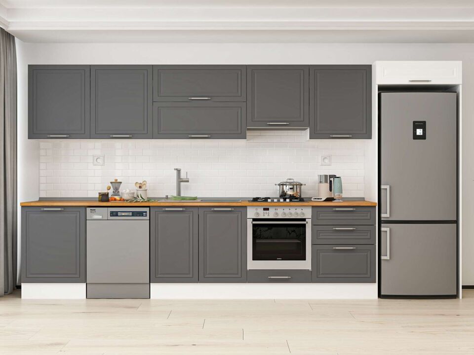 Alvinka 400X222 Cm Klasik Mebran Mutfak Dolabı Mb-E80S60S60-1 Mebran | Antrasit - Mdf