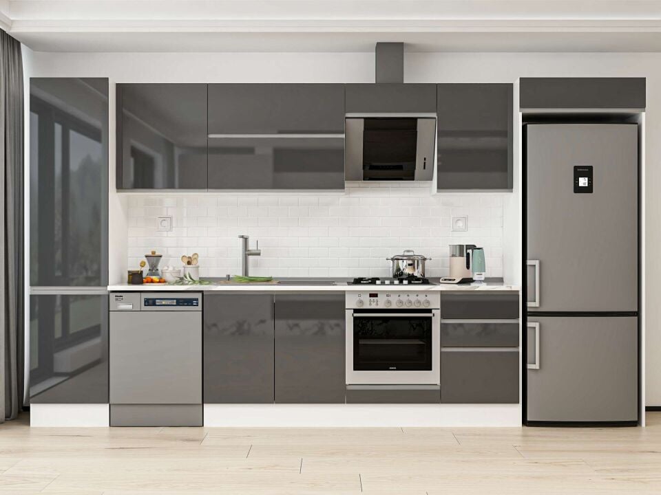 Alvinka 390X222 Cm High Gloss Mutfak Dolabı Mbb-E90B50S50-2 High Gloss | Antrasit - Mdf