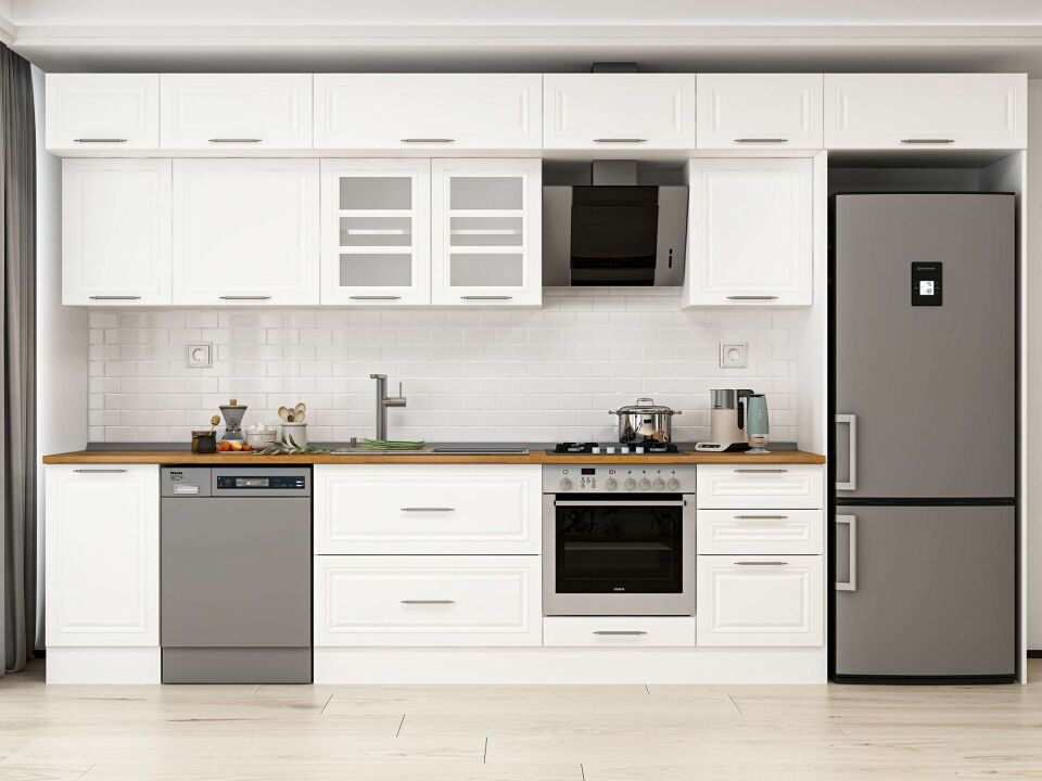 Alvinka 375X240 Cm Klasik Mebran Mutfak Dolabı Mb-E80S45S50-3 Mebran | Beyaz - Mdf