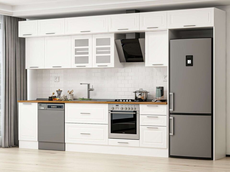 Alvinka 375X240 Cm Klasik Mebran Mutfak Dolabı Mb-E80S45S50-3 Mebran | Beyaz - Mdf