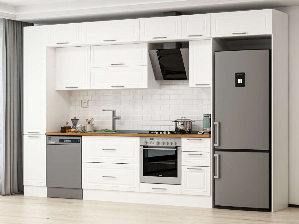 Alvinka 370X240 Cm Klasik Mebran Mutfak Dolabı Beyaz Beyaz Mbb-E90B40S40-2