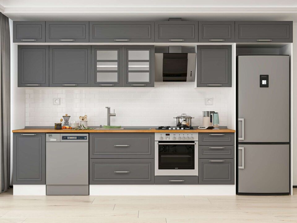 Alvinka 375X240 Cm Klasik Mebran Mutfak Dolabı Mb-E80S45S50-3 Mebran | Antrasit - Mdf