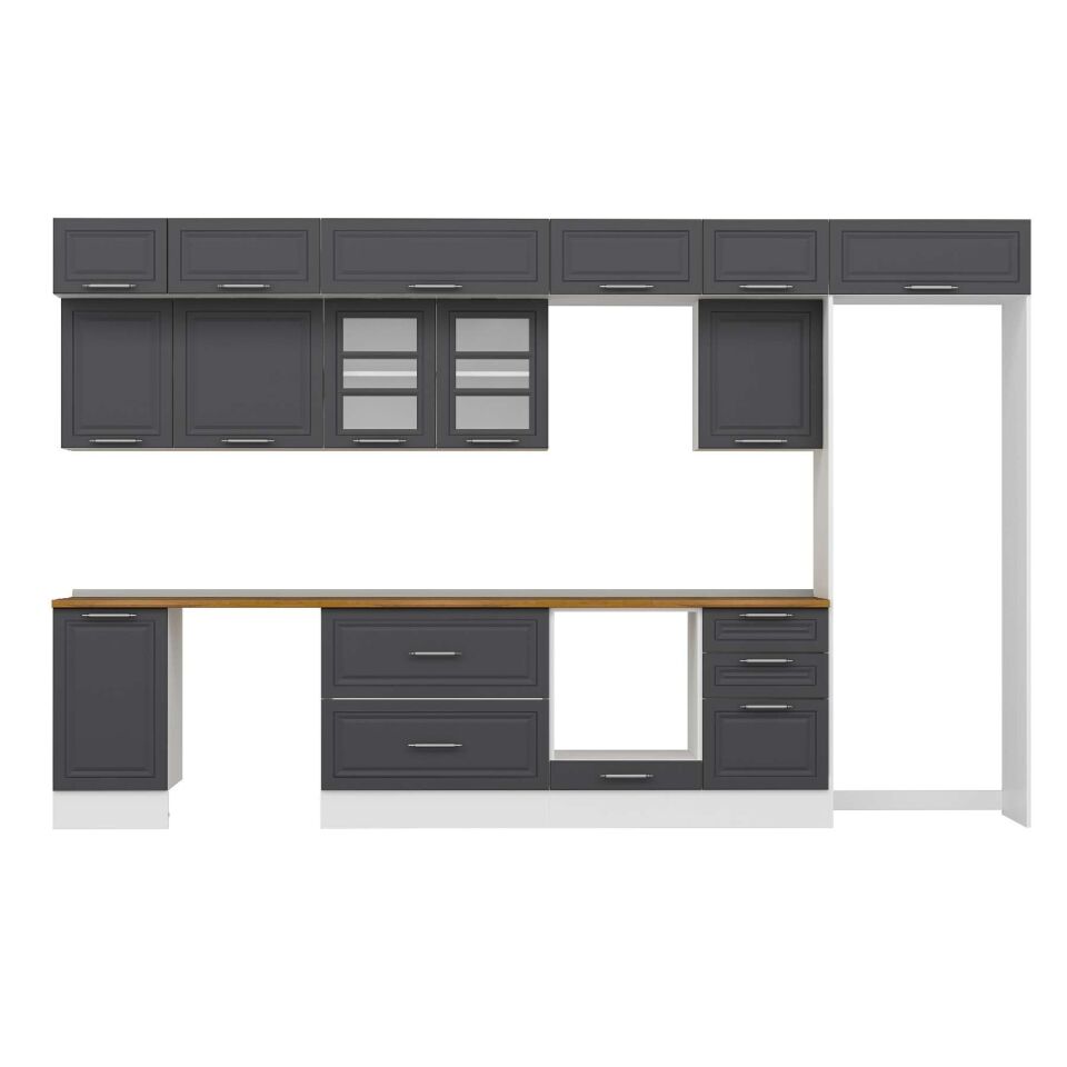 Alvinka 375X240 Cm Klasik Mebran Mutfak Dolabı Mb-E80S45S50-3 Mebran | Antrasit - Mdf