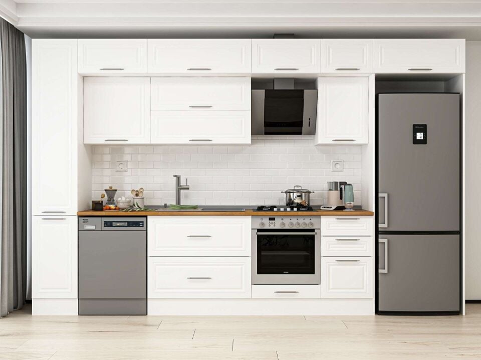 Alvinka 375X240 Cm Klasik Mebran Mutfak Dolabı Beyaz Beyaz Mbb-E90B40S45-2