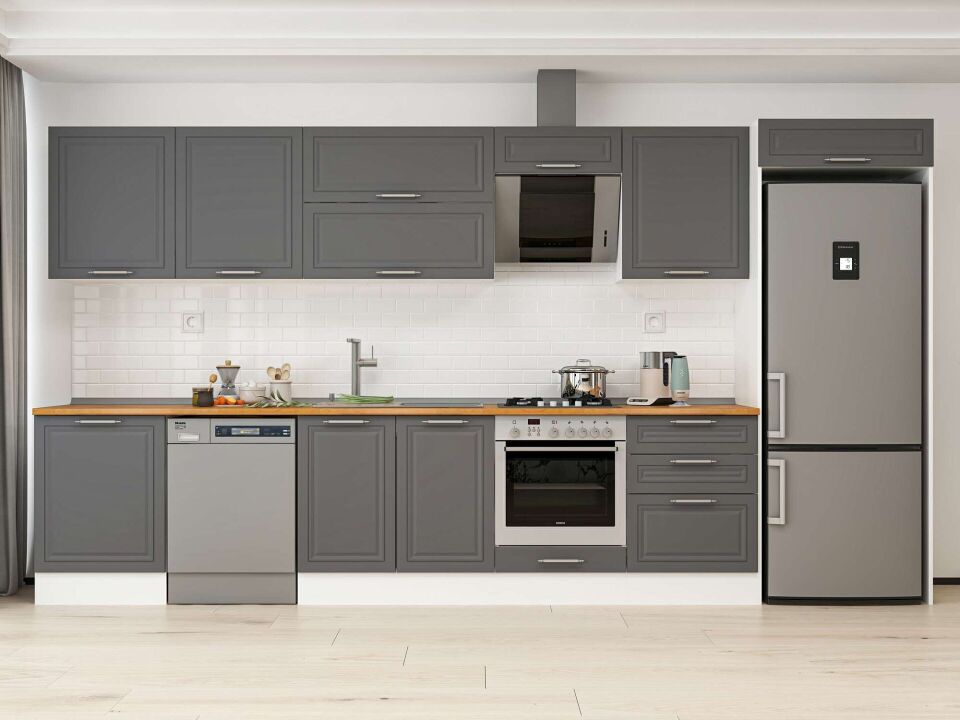 Alvinka 400X222 Cm Klasik Mebran Mutfak Dolabı Mb-E80S60S60-2 Mebran | Antrasit - Mdf