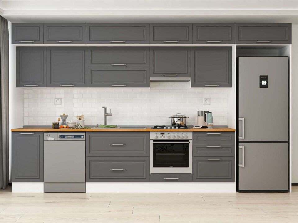 Alvinka 385X240 Cm Klasik Mebran Mutfak Dolabı Mb-E80S45S60-1 Mebran | Antrasit - Mdf