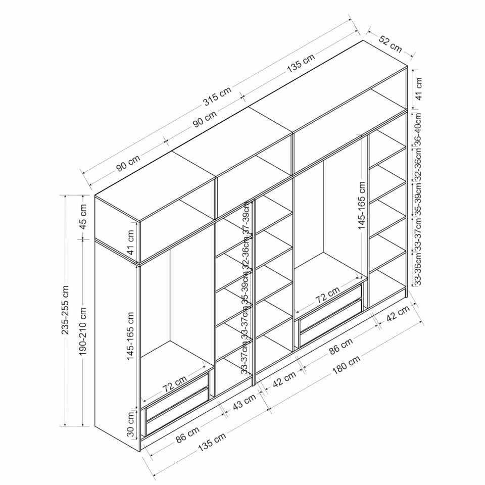 Minar Kale 7 Kapaklı 5 Aynalı 4 Ç Dolap Ve Yüklük Antrasit Dore 255CM