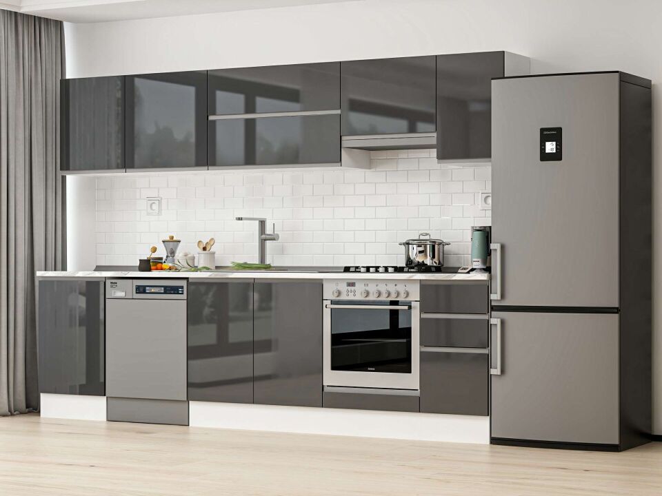 Alvinka 300X210 Cm High Gloss Mutfak Dolabı M-E90S50S40-1 High Gloss | Antrasit - Mdf