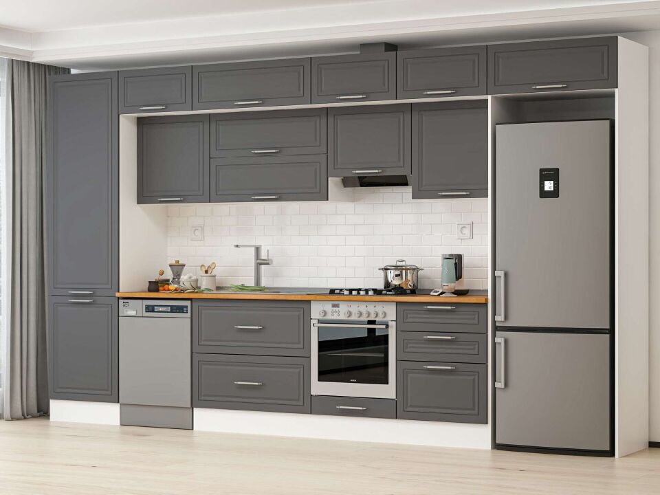 Alvinka 410X240 Cm Klasik Mebran Mutfak Dolabı Mbb-E90B60S60-2 Mebran | Antrasit - Suntalam