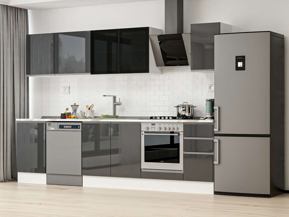 Alvinka 300X210 Cm High Gloss Mutfak Dolabı M-E90S50S40-3 High Gloss | Antrasit - Suntalam