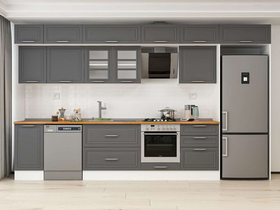 Alvinka 385X240 Cm Klasik Mebran Mutfak Dolabı Mb-E80S45S60-3 Mebran | Antrasit - Mdf