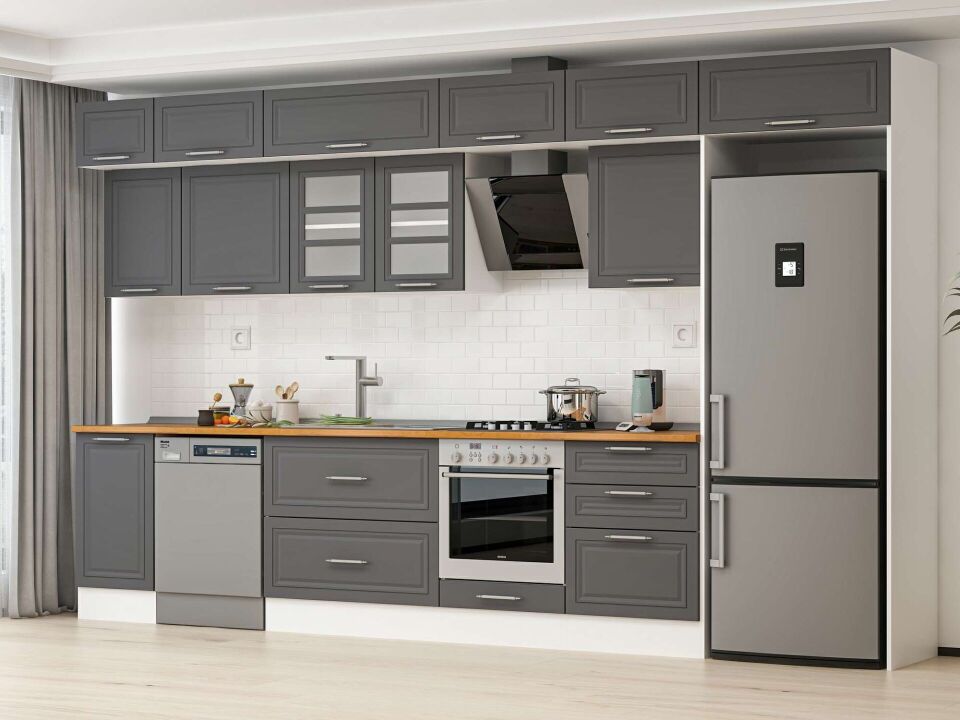 Alvinka 385X240 Cm Klasik Mebran Mutfak Dolabı Mb-E80S45S60-3 Mebran | Antrasit - Mdf