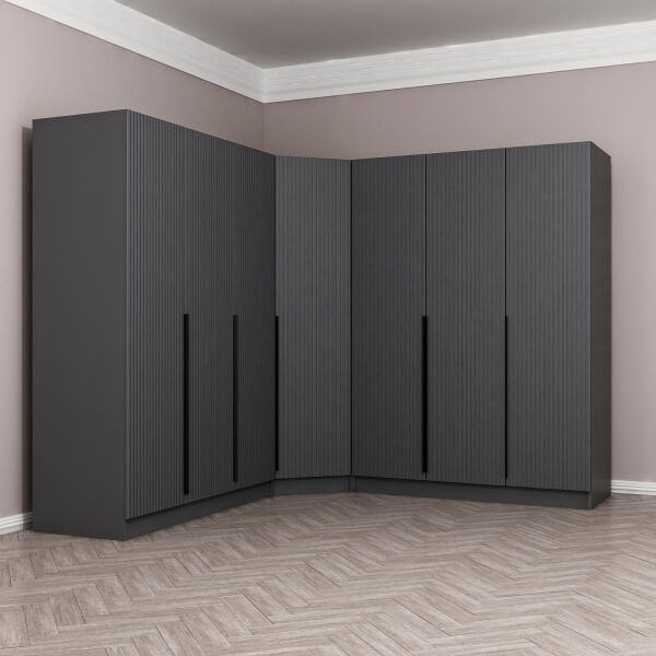 Kaleplus 7 Kapaklı 4 Çekmeceli Köşe Dolap Antrasit Mebran Antrasit Çizgili