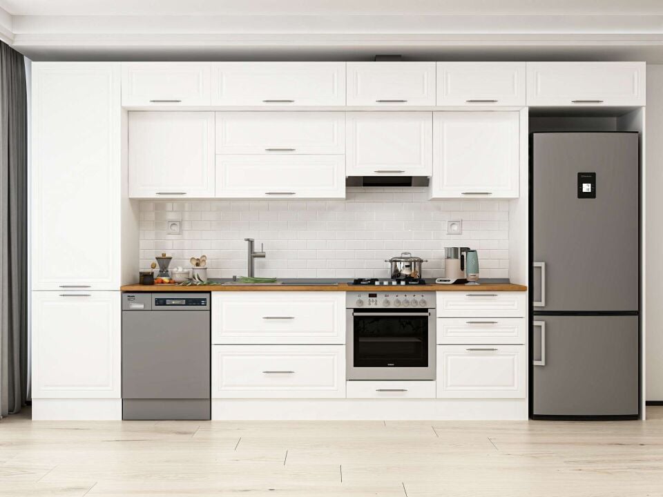 Alvinka 410X240 Cm Klasik Mebran Mutfak Dolabı Mbb-E90B60S60-2 Mebran | Beyaz - Mdf